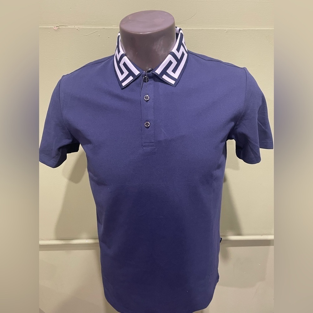 Barabas Navy Blue Polo Shirt with Patterned Collar modern fit